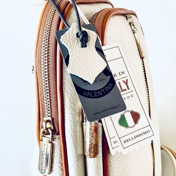 NWT Valentina Genuine Ivory & Tan Pebble Italian Leather Convertible Backpack